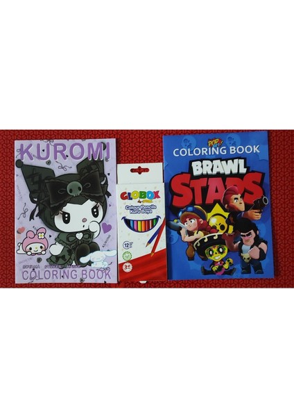 2 Adet Stickerli Boyama Kitabı ve 12 Li Kuru Boya Kalemi (Kuromi-A / Brawlstars-A)
