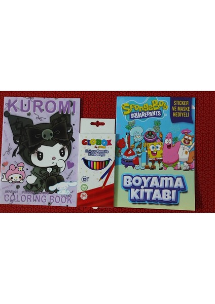 2 Adet Stickerli Boyama Kitabı ve 12 Li Kuru Boya Kalemi (Kuromi-A / Sünger Bob )