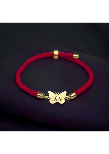 Altın Plakalı 14 Ayar Seda Ismine Özel Kırmızı Örgü Ipli Kelebek Motifli Hediye BILEKLIK-368ISIM