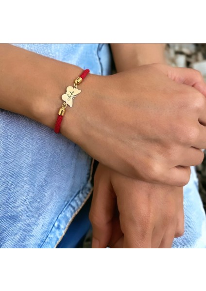 Altın Plakalı 14 Ayar Seda Ismine Özel Kırmızı Örgü Ipli Kelebek Motifli Hediye BILEKLIK-368ISIM fiyatları