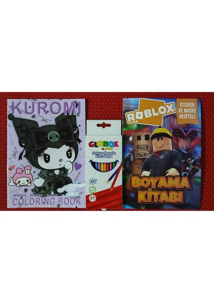2 Adet Stickerli Boyama Kitabı ve 12 Li Kuru Boya Kalemi (Kuromi-A / Roblox-B )