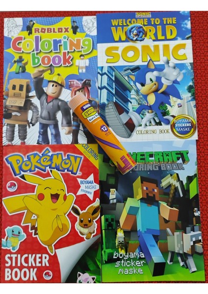 4 Adet Stickerli Boyama Kitabı ve 12 Li Tüp Kuru Boya Kalemi (Pocemon/sonic/roblox/minecraft)