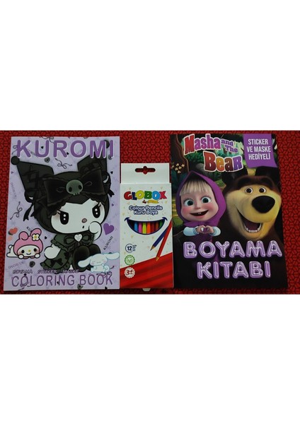2 Adet Stickerli Boyama Kitabı ve 12 Li Kuru Boya Kalemi (Kuromi-A / Masha ve Koca Ayı)