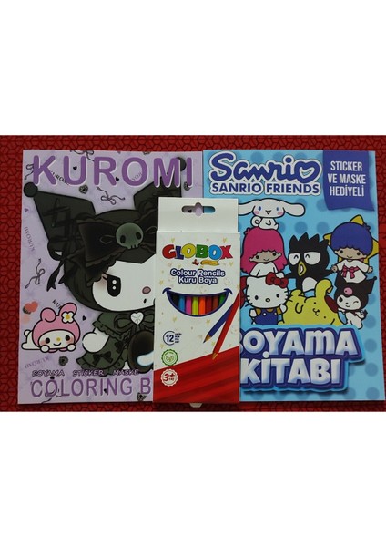 2 Adet Stickerli Boyama Kitabı ve 12 Li Kuru Boya Kalemi (Kuromi-A / Sanrio-B)