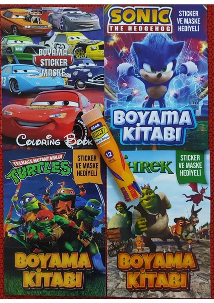 4 Adet Stickerli Boyama Kitabı ve 12 Li Tüp Kuru Boya Kalemi (Ninja Kaplumbağalar/arabalar/sonic/sh)