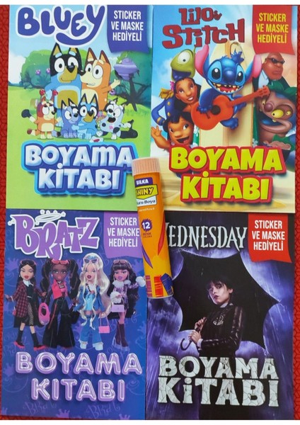 4 Adet Stickerli Boyama Kitabı ve 12 Li Tüp Kuru Boya Kalemi (Stitchb/blueyb/wednesdayb/bratz)