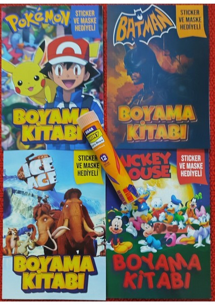 4 Adet Stickerli Boyama Kitabı ve 12 Li Tüp Kuru Boya Kalemi (Pocemon/batman/mickey M./buz Devri)