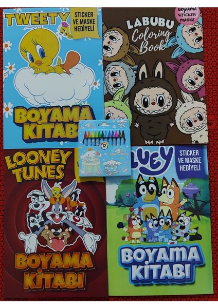 4 Adet Stickerli Boyama Kitabı ve 12 Li Pastel Boya Kalemi (Labubu/bluey/loonet Tunes/twetty)