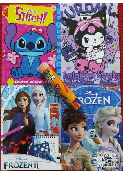 4 Adet Stickerli Boyama Kitabı ve 12 Li Tüp Kuru Boya Kalemi (Frozen/frozen2/stitch/kuromib)