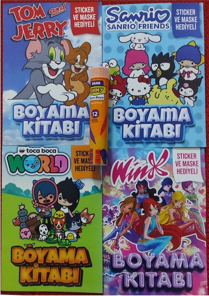 4 Adet Stickerli Boyama Kitabı ve 12 Li Tüp Kuru Boya Kalemi (Tom ve Jerry/sanriob/tocabocab/winx)