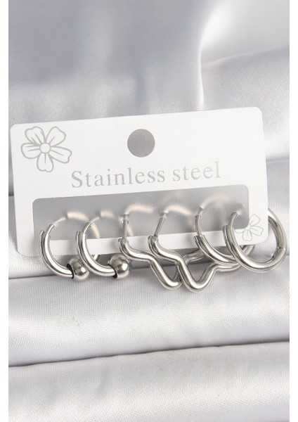 316L Çelik Gümüş Renk Halka Yıldız Model Kadın Küpe Seti - TJ-BKP10382