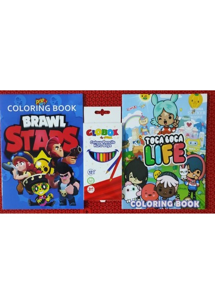 2 Adet Stickerli Boyama Kitabı ve 12 Li Kuru Boya Kalemi (Brawlstars-A / Toca Boca-A)
