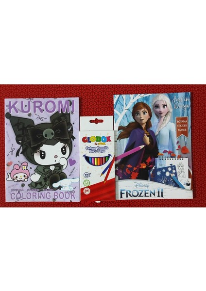 2 Adet Stickerli Boyama Kitabı ve 12 Li Kuru Boya Kalemi (Kuromi-A / Frozen2)