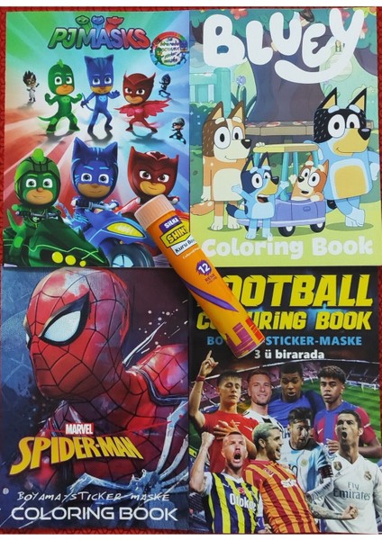 4 Adet Stickerli Boyama Kitabı ve 12 Li Tüp Kuru Boya Kalemi (Örümcek A./bluey/futbolcular/pijamask)