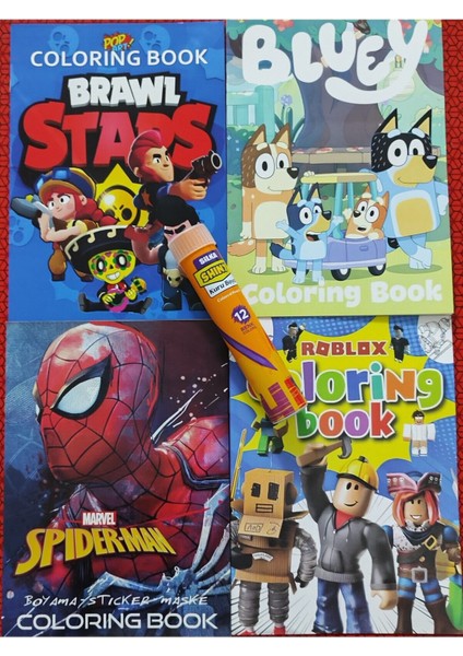 4 Adet Stickerli Boyama Kitabı ve 12 Li Tüp Kuru Boya Kalemi (Örümcek A./bluey/roblox/brawlstars)