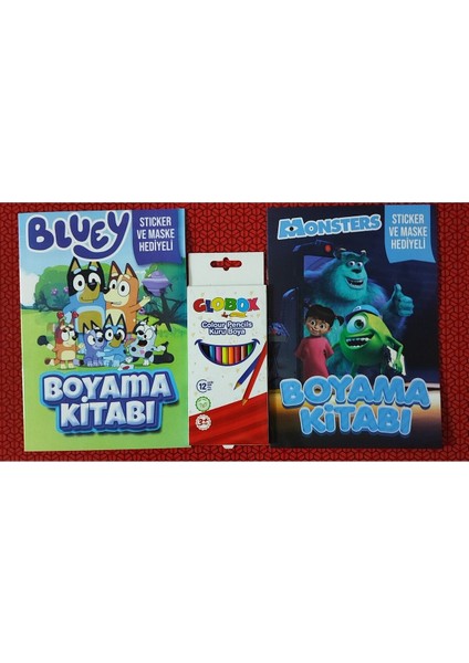 2 Adet Stickerli Boyama Kitabı ve 12 Li Kuru Boya Kalemi (Bluey-B/ Monsters)