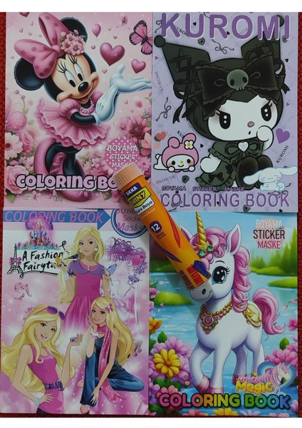 4 Adet Stickerli Boyama Kitabı ve 12 Li Tüp Kuru Boya Kalemi (Kuromi/minnie/unicorn/barbie)
