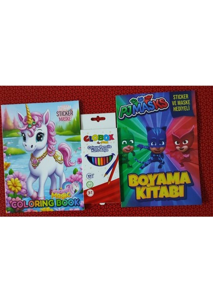 2 Adet Stickerli Boyama Kitabı ve 12 Li Kuru Boya Kalemi (Unicorn / Pijamaske-B)
