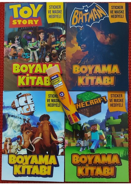 4 Adet Stickerli Boyama Kitabı ve 12 Li Tüp Kuru Boya Kalemi (Minecraft/batman/toy S./buz Devri)
