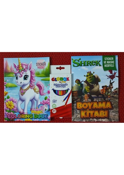 2 Adet Stickerli Boyama Kitabı ve 12 Li Kuru Boya Kalemi (Unicorn / Shrek)