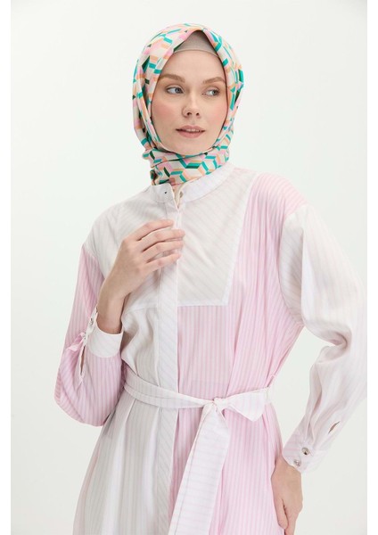 25Y24067 Tunik Gömlek Gizli Düğmeli Çizgili Bel Kuşaklı - Setrms - 25Y24067 - Pembe - S fiyatları