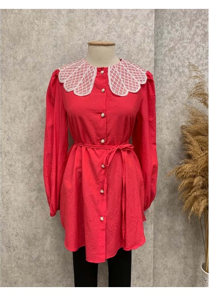 25Y5321 Tunik Dantel Yaka Inci Detaylı - Vishne - 25Y5321 - Fuşya - 40