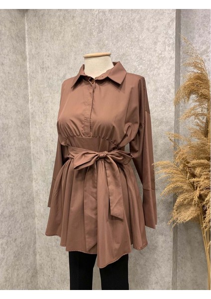 25Y7238 Gömlek Tunik Poplin Kumaş Gizli Düğme Önden Bağlamalı - Rumella - 25Y7238 - Kahve - 36 fiyatları
