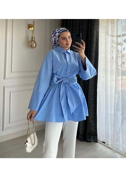 25Y7313 Tunik Yarım Düğme Beli Kuşaklı Önden Bağlamalı - Aler - 25Y7313 - Mavi - 38