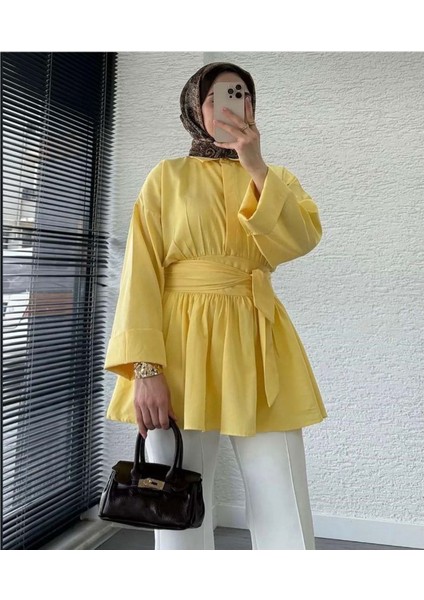 25Y7313 Tunik Yarım Düğme Beli Kuşaklı Önden Bağlamalı - Aler - 25Y7313 - Sarı - 36