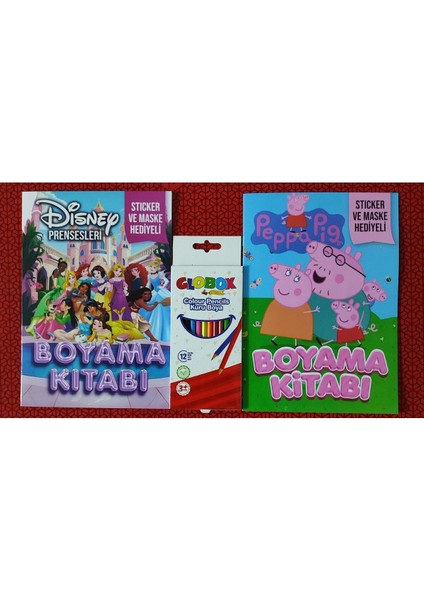 2 Adet Stickerli Boyama Kitabı ve 12 Li Kuru Boya Kalemi (Prensesler/ Peppapig)