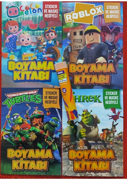 4 Adet Stickerli Boyama Kitabı ve 12 Li Tüp Kuru Boya Kalemi (Ninja Kaplumbağalar/roblox/cocomel/sh)