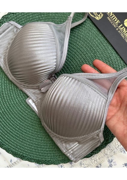 Evelyn Parlak Saten Çizgi Detaylı C Cup Balenli Desteksiz Önü Tül Detaylı Şık Sütyen modelleri