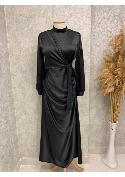 25Y4512 Elbise Abiye Zara Saten Yandan Bağlamalı - Tane - 25Y4512 - Siyah - 44