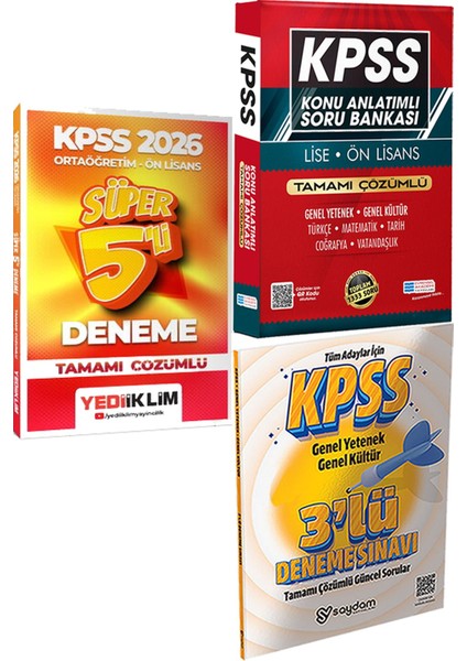 2026 Kpss Ortaöğretim-Önlisans Tamamı Çözümlü Süper 5 Deneme + Konu Ant. Soru ve 3 Deneme