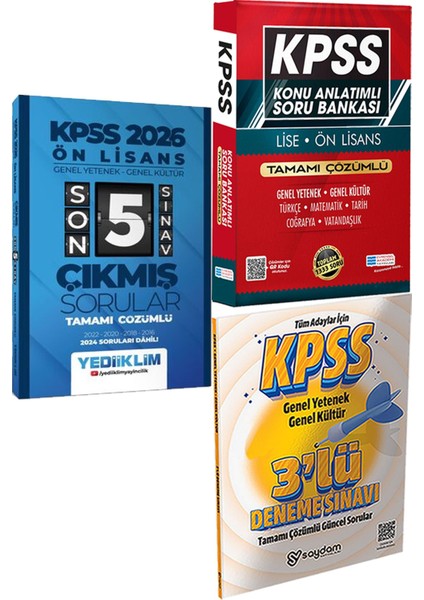 2026 Ön Lisans Genel Yetenek - Genel Kültür Çözümlü Son 5 Sınav Çıkmış Sorular + Konu Ant. Soru ve 3 Deneme