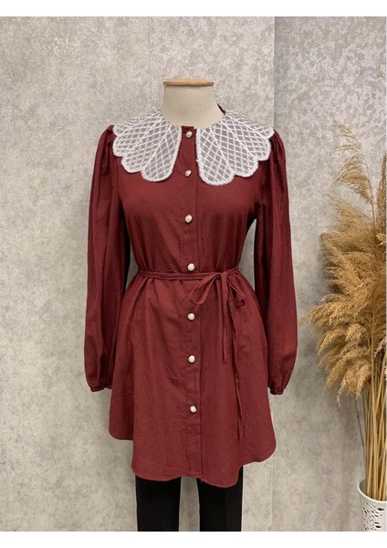 25Y5321 Tunik Dantel Yaka Inci Detaylı - Vishne - 25Y5321 - Bordo - 36