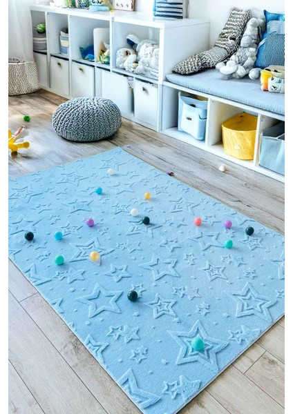 Stary Iskandinav Dokuma Bukleli Premium Mavi Puffy Peluş Çocuk Halısı