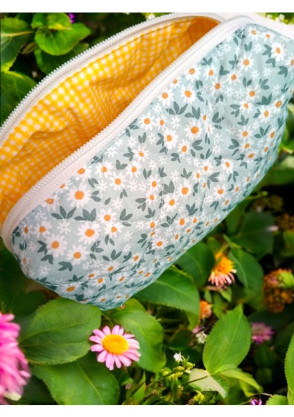 Cotton Blossom Kapitoneli Astarlı Makyaj ve Kozmetik Organizer Çanta Yeşil Zemin Papatya Desenli Elyaf Dolgulu Geniş Boy fiyatları