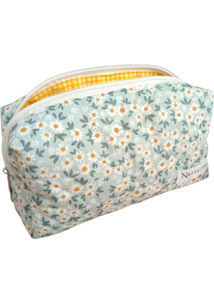 Cotton Blossom Kapitoneli Astarlı Makyaj ve Kozmetik Organizer Çanta Yeşil Zemin Papatya Desenli Elyaf Dolgulu Geniş Boy
