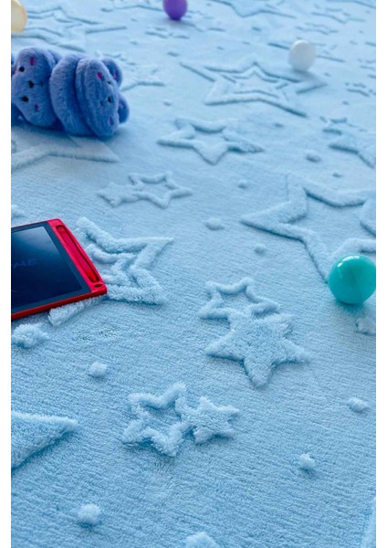 Stary Iskandinav Dokuma Bukleli Premium Mavi Puffy Peluş Çocuk Halısı modelleri