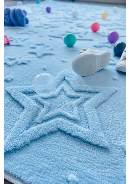 Stary Iskandinav Dokuma Bukleli Premium Mavi Puffy Peluş Çocuk Halısı fiyatları