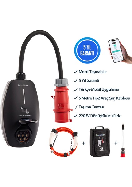 22KW V3 Türkçe Mobil Uygulama 5 Yıl Garanti, (Tekli Kombinasyon Panosu, 5 mt Tip2 Araç Şarj Kablosu, taşıma Çantası ve 220V Dönüştürücü Adaptör)