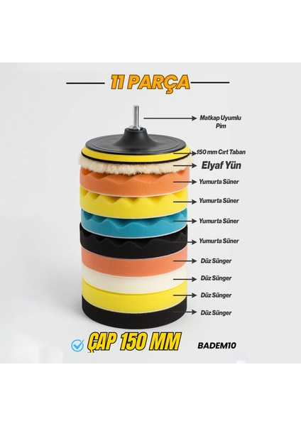 Pasta Cila Polisaj Süngeri Seti Büyük Boy 11 Parça 150MM Matkap Uyumlu Oto Seramik Wax Parlatma Pedi modelleri