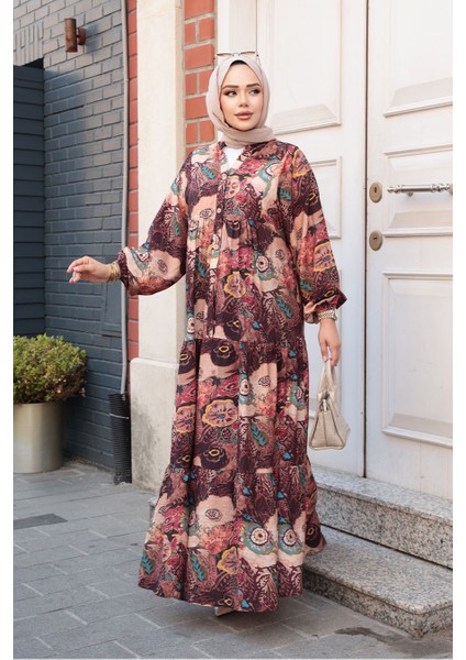 Desenli Bordo Tesettür Elbise 19037BR