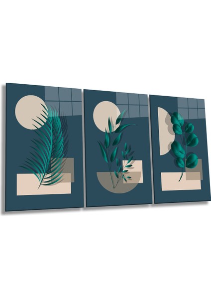 Soyut Modern Geometrik Yapraklar 3 Parça Set Cam Tablo, Ev ve Ofis Duvar Dekoru, Lüks Hediyelik