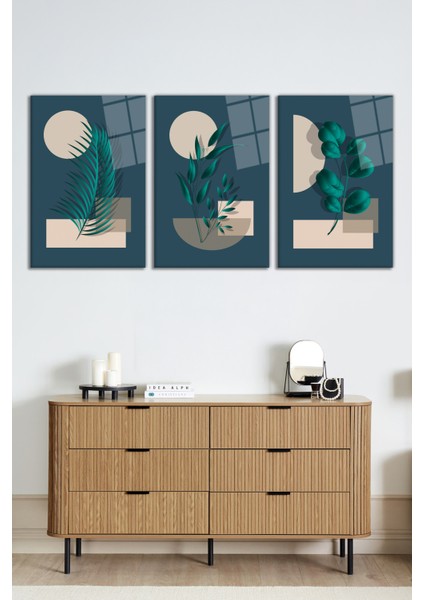 Soyut Modern Geometrik Yapraklar 3 Parça Set Cam Tablo, Ev ve Ofis Duvar Dekoru, Lüks Hediyelik fiyatları