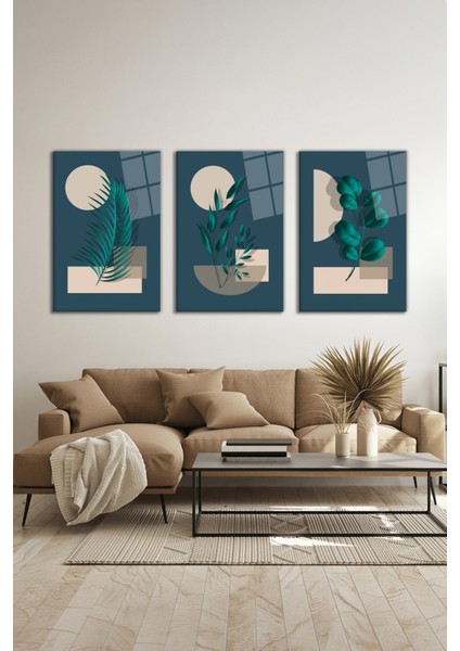 Soyut Modern Geometrik Yapraklar 3 Parça Set Cam Tablo, Ev ve Ofis Duvar Dekoru, Lüks Hediyelik modelleri