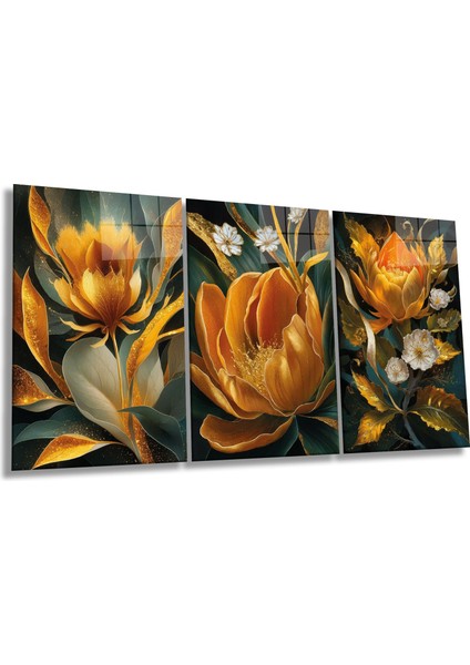 Turuncu Gold Altın Çiçek Kombin 3 Parça Set Cam Tablo, Ev ve Ofis Duvar Dekoru, Lüks Hediyelik