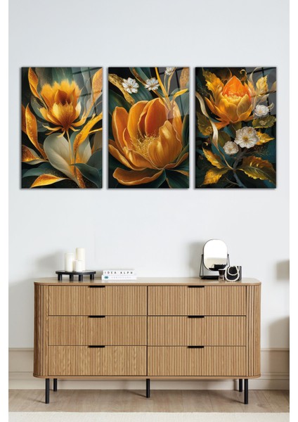 Turuncu Gold Altın Çiçek Kombin 3 Parça Set Cam Tablo, Ev ve Ofis Duvar Dekoru, Lüks Hediyelik fiyatları