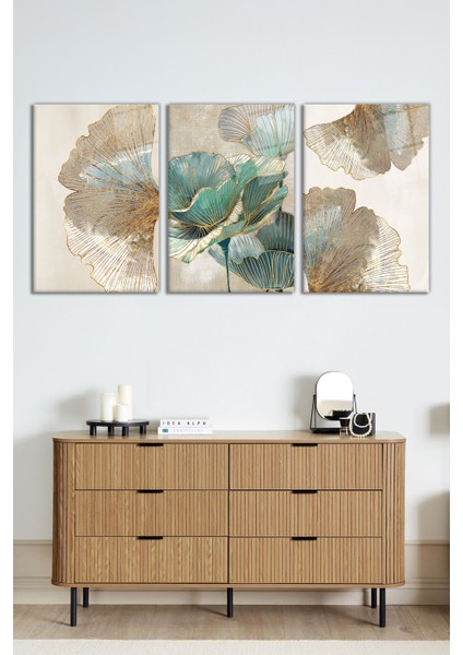 Gold Altın Detaylı Turkuazlı Kombin 3 Parça Set Cam Tablo, Ev ve Ofis Duvar Dekoru, Lüks Hediyelik fiyatları